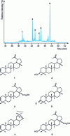 Figure 4 - Characteristic chromatogram of birch pitch and formula of the main triterpene markers in this material