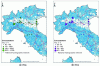 Figure 6 - Distribution
maps of PFOA (perfuorooctanoic acid) and PFOS (perfluorooctanesulphonic
acid) in Italy