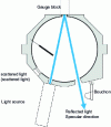 Figure 15 - Integrating sphere principle. Reflected light emerges in the specular direction, while scattered light undergoes multiple reflections on the sphere's inner surface until it reaches the photodiode.