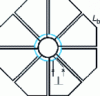 Figure 16 - Multi-loop dc SQUID. Each of the 8 loops is connected in parallel via two contact sockets made in 2 superconducting layers separated by an insulator (the blue circle represents the lower superconducting layer).