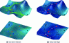 Figure 2 - Example of a two-variable function with saddle points and minima. Saddle points are in red, minima in black and maxima in white. Inflection lines are in green, valleys in black and crests in white.