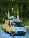 Figure 12 - Mobile anthropogenic aerosol observation station comprising the LESAA dual-wavelength lidar system (the green laser emission beam is visible) and, on the roof of the vehicle, four sampling lines equipped with PM10 heads, a meteorological mast and a safety radar (LSCE).