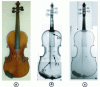 Figure 27 - (a) Photograph of an old violin (XIXe century), (b) THz transmission image, (c) X-ray radiography