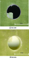 Figure 10 - Hole condition after drilling an autoclaved plate at a feed rate of 0.023 mm/rev and N ≍ 500 rpm (a) at the hole outlet and (b) at the hole inlet.