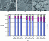 Figure 35 - Scanning microscopy images showing the morphology of graphite electrodes (a) before ageing, (b) after ageing at 45°C, (c) after ageing at 60°C. (d) Corresponding EDS analyses [46].