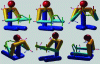 Figure 10 - Representation of the synthetic humanoid during HB propulsion, from different angles. Local landmarks at the joints are indicated by three different-colored arrows.