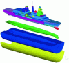 Figure 1 - Example of a detailed model of a ship used in vibro-acoustic simulations: the colored areas identify different zones of the ship, the green surface corresponds to the zone of contact with the fluid, the blue volume to the fluid surrounding the ship and the yellow surface to the modeling of wave radiation (source: Naval Group).