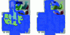 Figure 16 - Example of low-resolution enhanced maps shared between robots. On these maps, one pixel corresponds to an 8 cm x 8 cm square. Each color represents a type of information. For example, areas that have already been explored are covered in blue, and the gradients correspond to the boundaries between robots.