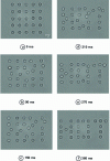 Figure 9 - High-speed control of 25 beads 3 micrometers in diameter using optical tweezers [44]. Images (a) to (f) show the evolution of the bead arrangement over time. From a regular grid, the pattern is modified to write "HOT", for "Holographic Optical Tweezers".