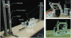 Figure 19 - Experimental setup. Left, general view.
Right, view of the tensegrity mechanism; top rear view; bottom front
view.