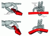 Figure 15 - Simulation of a soft object subject to gravity, and held and deformed
by three rigid fingers. The optimization finds the fingers tip position
that leads to a desired deformation of the object, and also prevents
it from falling. The controlled points are the green spheres  and
their target are the white spheres