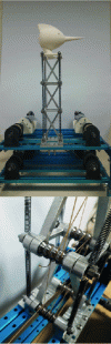 Figure 21 - Photo of the prototype and detail of the rows of pulleys used to run the cables