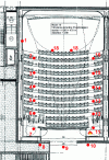 Figure 16 - 195-seat auditorium – Location of the 18 virtual "sensors" and the fire starting point