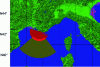 Figure 31 - HF Coastal Radar coverage (brown) and X-band coverage (red)