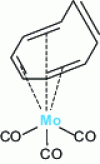 Figure 20 - Representation of the molecule [Mo (CO)3 (C8H8)] in which cyclooctatetraene donates three π-doubles to molybdenum.