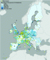 Figure 5 - Geographical location of fab labs in the EU28 in 2017 superimposed on population density [13]