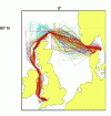 Figure 11 - Simulation of possible routes for an ocean race (image created using the Neptune code, routing software developed by Xavier Pillons [Source: BMD/ https://www.bmuyl.com]).
