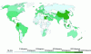 Figure 27 - Global use of nitrogen-, potassium- and phosphate-based fertilizers worldwide in 2014: the main agricultural countries make massive use of fertilizers. Quantities used are expressed in kilograms per hectare of cultivated land (source: Our World in Data/https://ourworldindata.org/fertilizer-and-pesticides)
