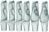 Figure 24 - Simulation of extrusion blow molding of a polyethylene bottle. Successive deformations with automatic remeshing (after Bellet et al [33])
