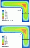 Figure 26 - Cooling of a 2 mm thick part with a 0.2 mm and 0.5 mm connection radius