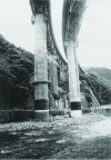 Figure 2 - Sakawa River Bridge in Japan (8 piers ranging from 42 to 65 m in height and 7 m in diameter): carbon fiber implementation bridge