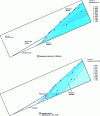 Figure 11 - Representation of the overall structure of the flow resulting from the ignition of a mixture of hydrogen and oxygen by an oblique shock wave: representation of the temperature and pressure fields