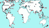 Figure 13 - Global distribution map of suspected (red circles) and proven (black stars) methane hydrate zones [19].