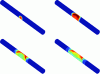 Figure 11 - Simulation of the effect of a pressure wave on an immersed cylindrical hull – Calculation of the stress state at different times (source: Sigrist [11])