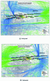 Figure 15 - Aircraft flight paths around Paris-Charles-de-Gaulle (departures in blue, arrivals in green)