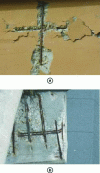 Figure 22 - Cases of corrosion due to very thin coatings: non-compliance with the rules: a) local spalling on a façade; b) spalling on a corbel.