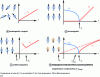 Figure 1 - Types of magnetic configurations and temperature variations in saturation magnetization and inverse susceptibility