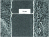 Figure 11 - SEM image of source and drain ohmic contacts spaced 1.4 µm apart after metallization and annealing