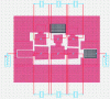 Figure 19 - Example of an electrical diagram implemented in ADS software for electromagnetic co-simulation of filter geometry (in red) and acoustics using Mason models representing each resonator.