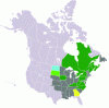 Figure 3 - Location (in green) of the sugar maple in North America (source: Wikipedia)