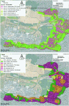 Figure 18 - Map of land cover (top) and land use (bottom) in the study area and associated percentages (OCS GE data, IGN)