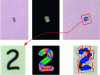 Figure 9 - Example of multi-scale perception. Starting at the top left, the number 2 is perceived in luminance, then in oriented edges, the third photo shows a dynamic attractor having hooked the number 2. In the second line, the same process is applied with the nominal scale described by the area of the first dynamic attractor. Successive attractors focus on semantic representations of the details of the number 2: horizontal, oblique...