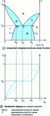 Figure 2 - Correspondence between the molar temperature-fraction diagram and the distribution diagram of a heteroazeotrope