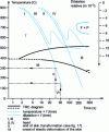 Figure 16 - 100 mm-diameter, water-quenched 15CrMoV6 steel cylinder: TRC diagram, cooling laws and expansion variations with quenching