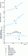 Figure 2 - Time-dependent changes in temperature, expansion in skin and core, and difference in expansion between skin and core of a 0.25%C steel cylinder, 100 mm in diameter, heated in a salt bath to 1,000 C.