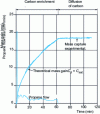 Figure 15 - Evolution of mass gain and propane flow rate as a function of time. Thermogravimetric test on 16MnCr5 steel at 870°C. Propane-nitrogen mixture, total flow 0.5 l/min.