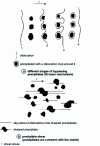 Figure 14 - Schematics of the main interaction mechanisms between dislocations and dispersoids (precipitates)