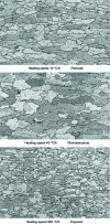 Figure 17 - Micrographic structures obtained on low-nitrogen aluminum-killed steel, cold-rolled and annealed at different heating rates (Al = 0.032%, N = 0.004%).