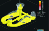 Figure 22 - Simulation of the filling (and solidification) of a 2-piece cluster of G20Mn5 steel handling equipment. NovaFlow&solid software (SMC Colombier Fontaine)