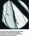 Figure 27 - Wide-angle convergent beam diffraction (LACBED) on a dislocation in a Cu-Zn-Al shape memory alloy, light background, cliché P. Vermaut and J. Mallaria, École Nationale Supérieure de Chimie de Paris
