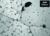 Figure 4 - Mass contrast of Al12(Fe,Mn)3Si particles in bright field (right-hand side of shot), and diffraction contrast in which dislocations become visible (left-hand side). Aluminum alloy, cliché M. Cieslar, Charles University, Prague