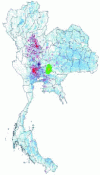 Figure 11 - The average center of the observed infected villages (in dark blue) does not lie within the dispersion ellipse (in green) of the average centers of the villages infected by random simulation: we can conclude that the overall position of the phenomenon is not random.