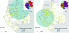 Figure 17 - Search for the most significant aggregate: left for Ebola seroprevalence, right for Dengue seroprevalence (on rural villages in a survey in Gabon). Small images show the value of the index calculated by scanning, while large images show the position of the most significant circular aggregate.