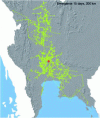 Figure 21 - Reconstruction of the course of the avian flu epidemic in Thailand, starting from a point of emergence (index case). The reconstruction is based on backward chaining according to the distance between cases and an assumed propagation speed.