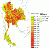 Figure 22 - Dengue fever in Thailand (1997): SMR value by district and indication of its significance (non-hatched areas individually have an SMR significantly different from 1).