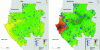 Figure 8 - Prevalence rates for two antibodies (Ebola, West Nile virus) in the rural population of Gabon, studied on a sample of villages. The values represented by proportional symbols on the sample provide little indication of overall trends, unlike the trend areas calculated by interpolation, which clearly show the differences between the two distributions, but which represent values in forested areas where there are no inhabitants and no villages surveyed.